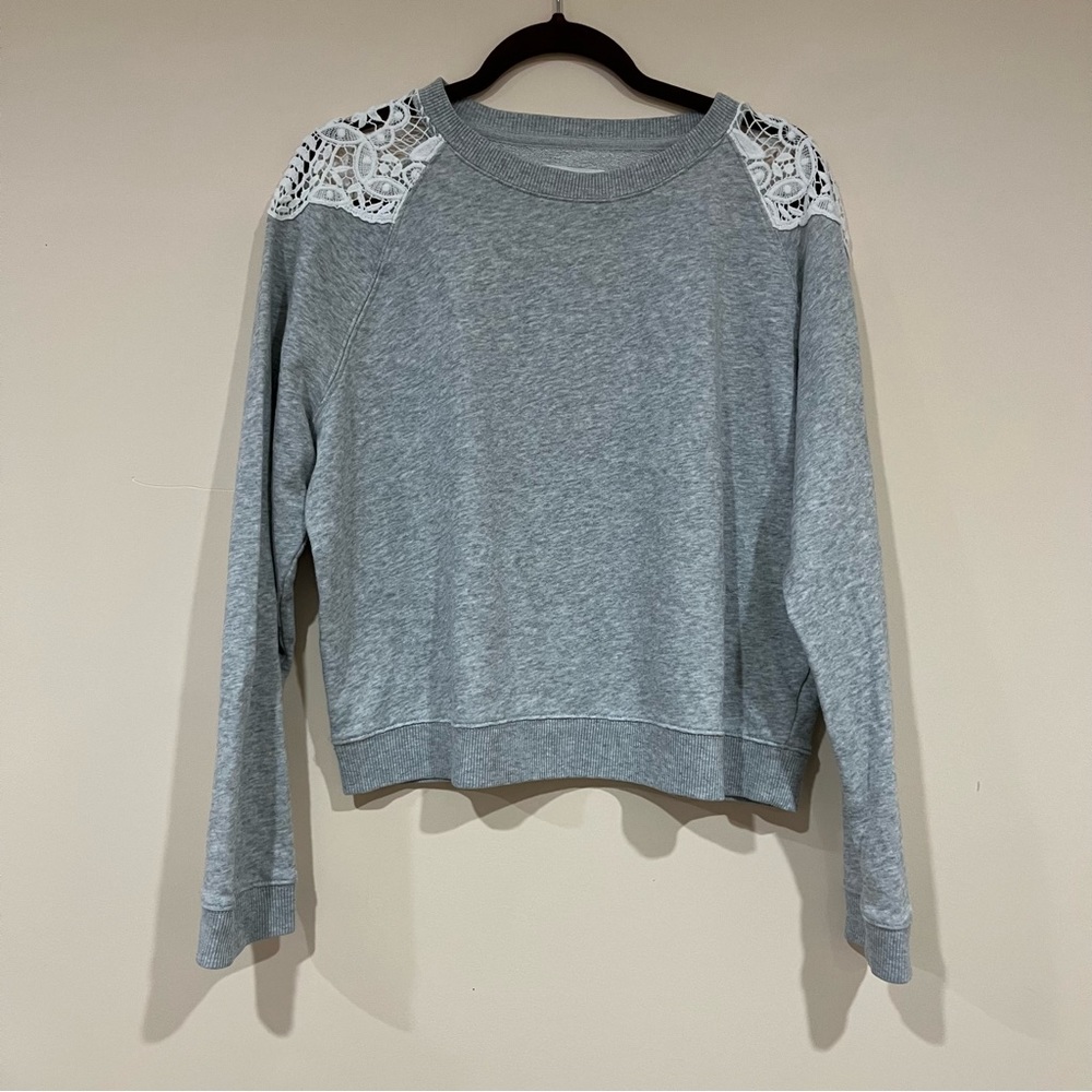 light grey sweater with lace shoulders
